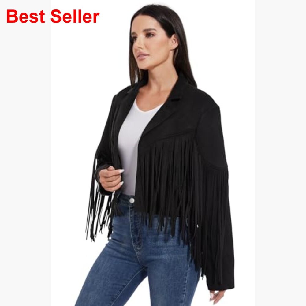 Fringe Faux Suede Cropped Jacket Western Cowgirl Coat - Picture 3 of 7